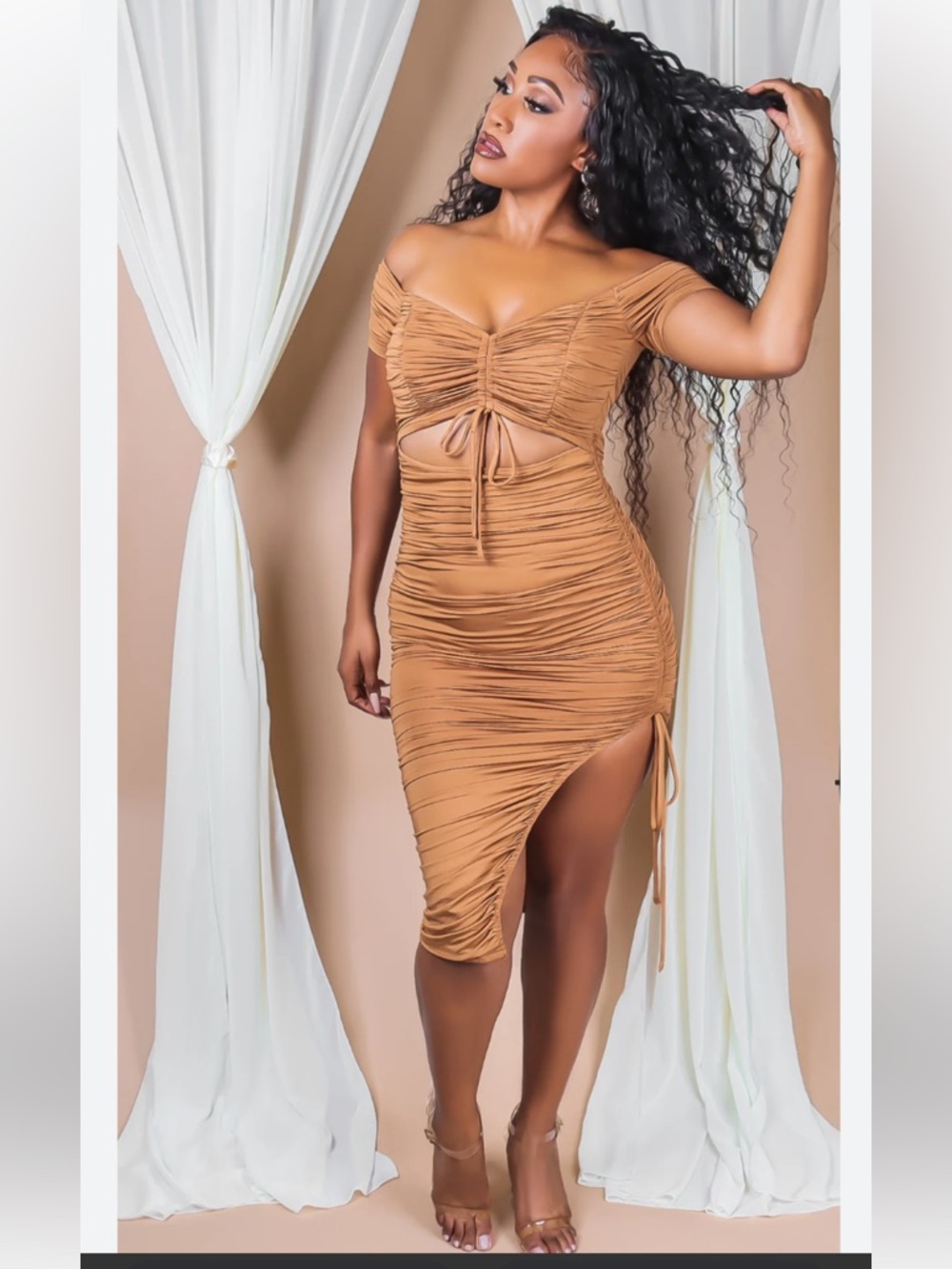 PRIVY Sexy Brown Ruched Midi Jersey Dress